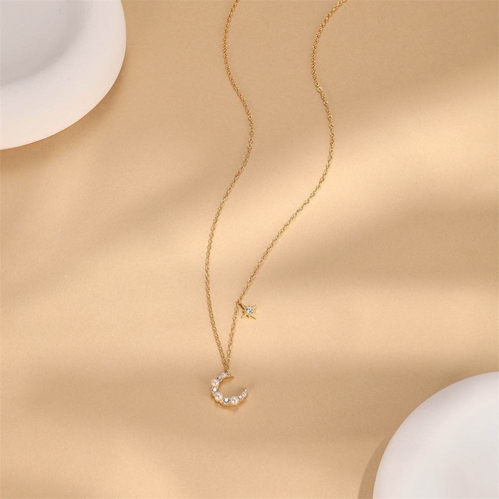 S925 sterling silver irregular crescent diamond collarbone chain pearl necklace - MOWTE
