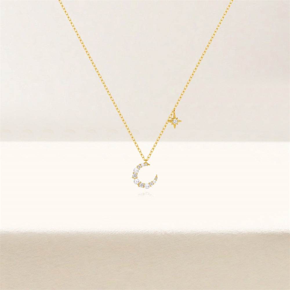 S925 sterling silver irregular crescent diamond collarbone chain pearl necklace - MOWTE