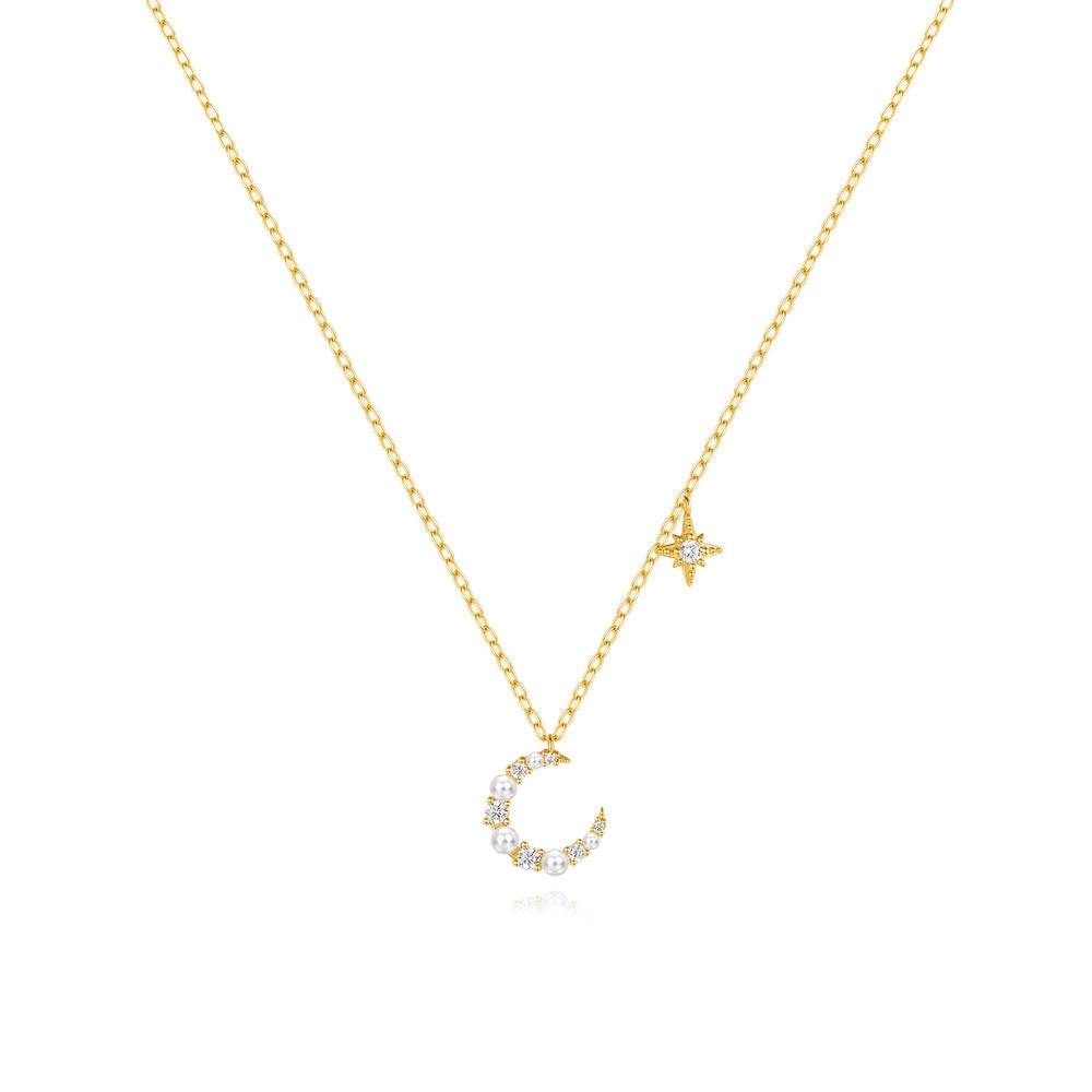 S925 sterling silver irregular crescent diamond collarbone chain pearl necklace - MOWTE