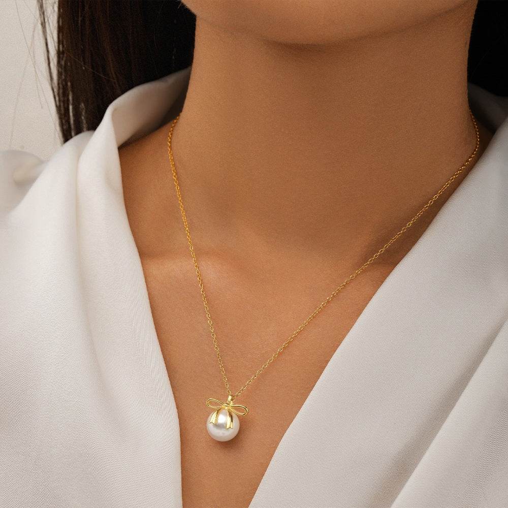 S925 sterling silver bow pearl women's collarbone necklace - MOWTE