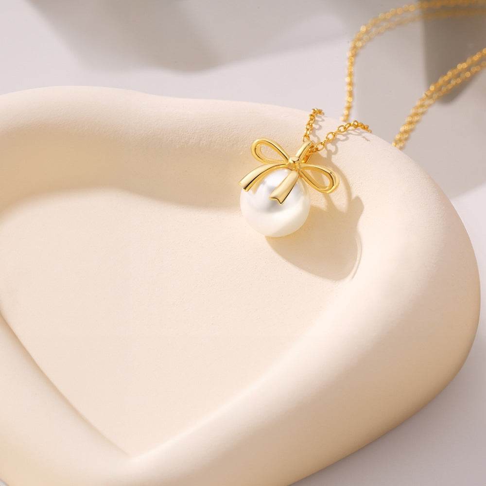 S925 sterling silver bow pearl women's collarbone necklace - MOWTE