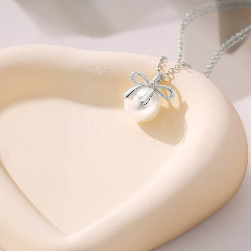S925 sterling silver bow pearl women's collarbone necklace - MOWTE