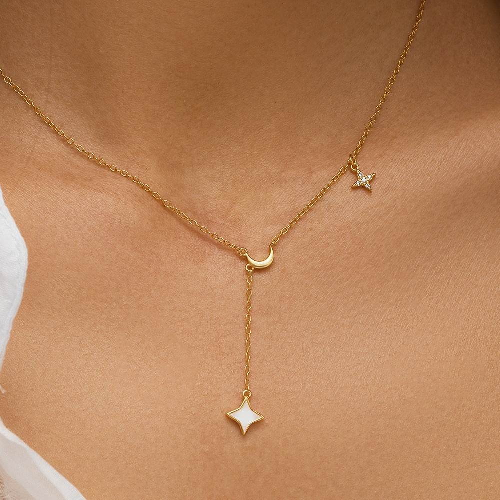 S925 sterling silver star moon four-star pendant collarbone chain tassel necklace set with diamonds - MOWTE