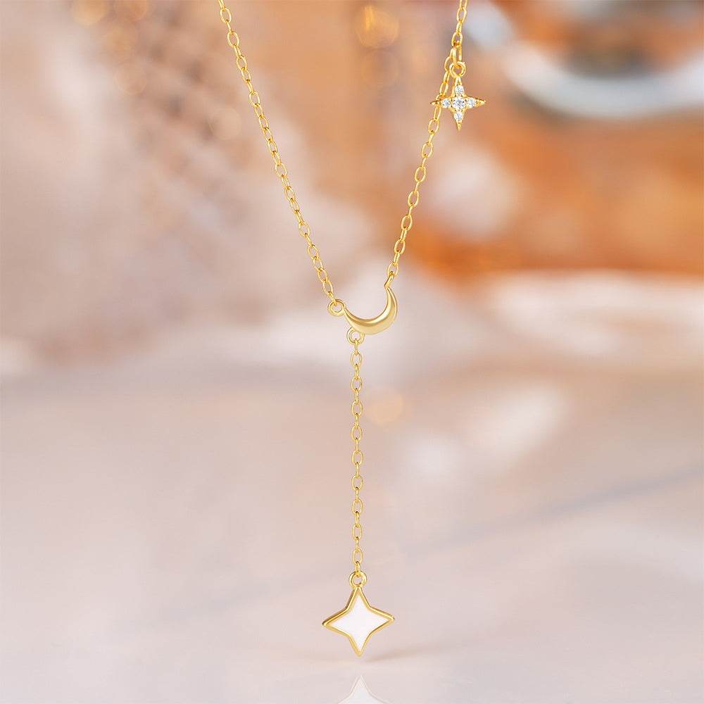 S925 sterling silver star moon four-star pendant collarbone chain tassel necklace set with diamonds - MOWTE