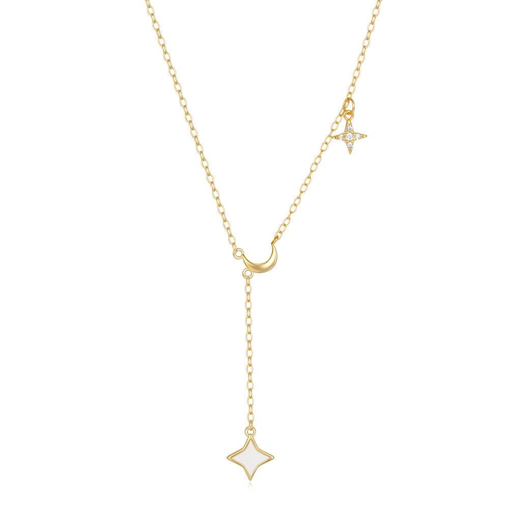 S925 sterling silver star moon four-star pendant collarbone chain tassel necklace set with diamonds - MOWTE