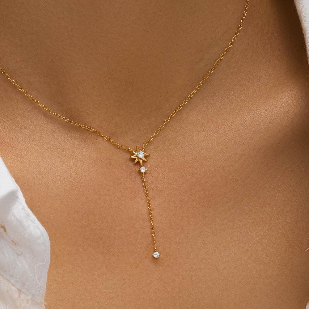 S925 sterling silver Y-shaped long tassel necklace with octagonal star diamond collarbone chain - MOWTE