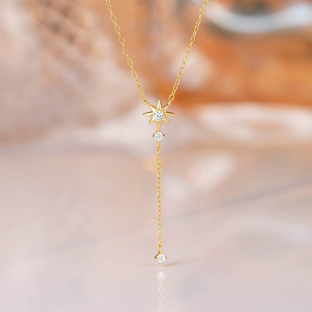 S925 sterling silver Y-shaped long tassel necklace with octagonal star diamond collarbone chain - MOWTE
