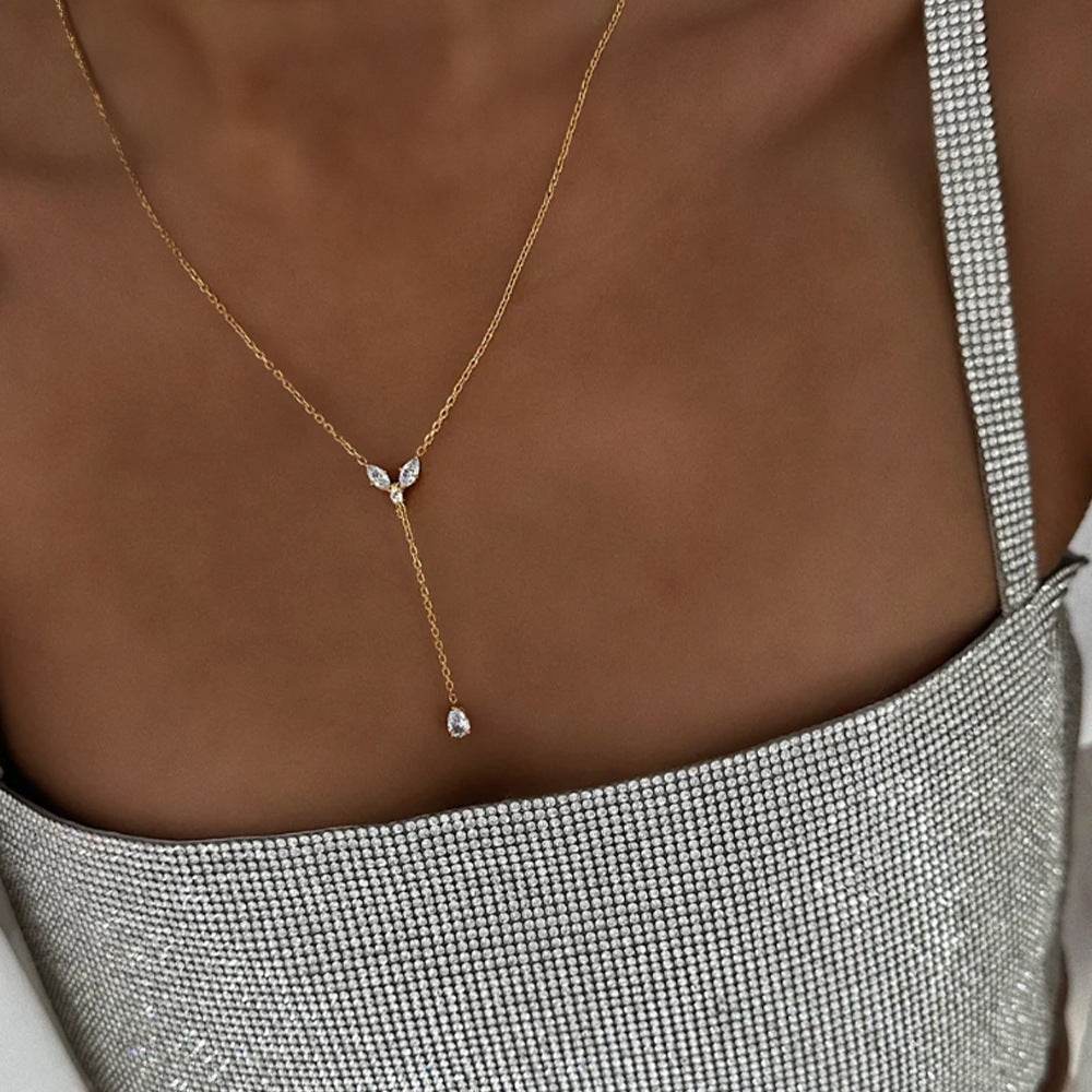 S925 pure silver diamond set geometric Y-shaped trendy women's water droplet super sparkling collarbone chain - MOWTE