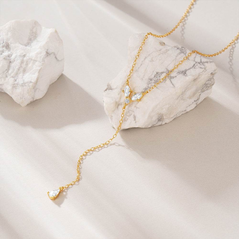 S925 pure silver diamond set geometric Y-shaped trendy women's water droplet super sparkling collarbone chain - MOWTE