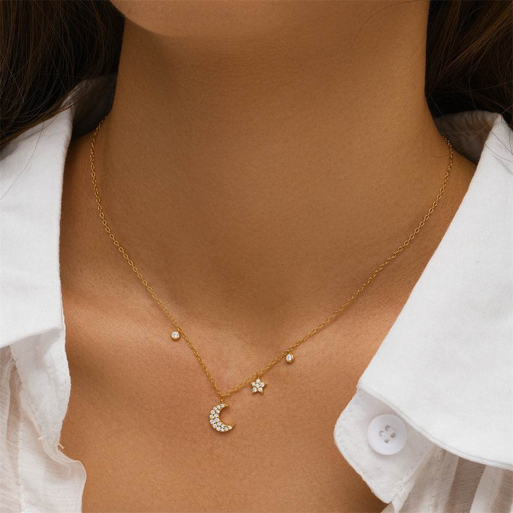 925 sterling silver star moon diamond set women's layered necklace - MOWTE