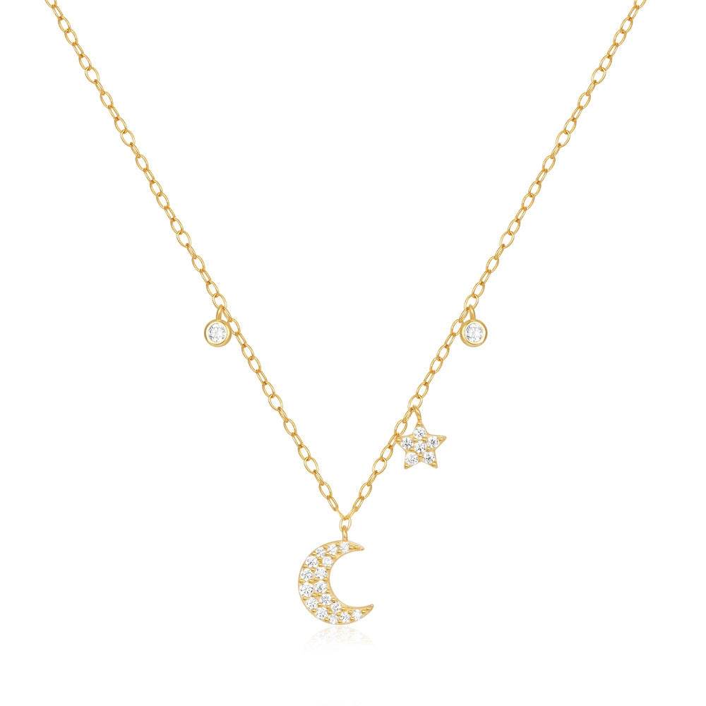 925 sterling silver star moon diamond set women's layered necklace - MOWTE