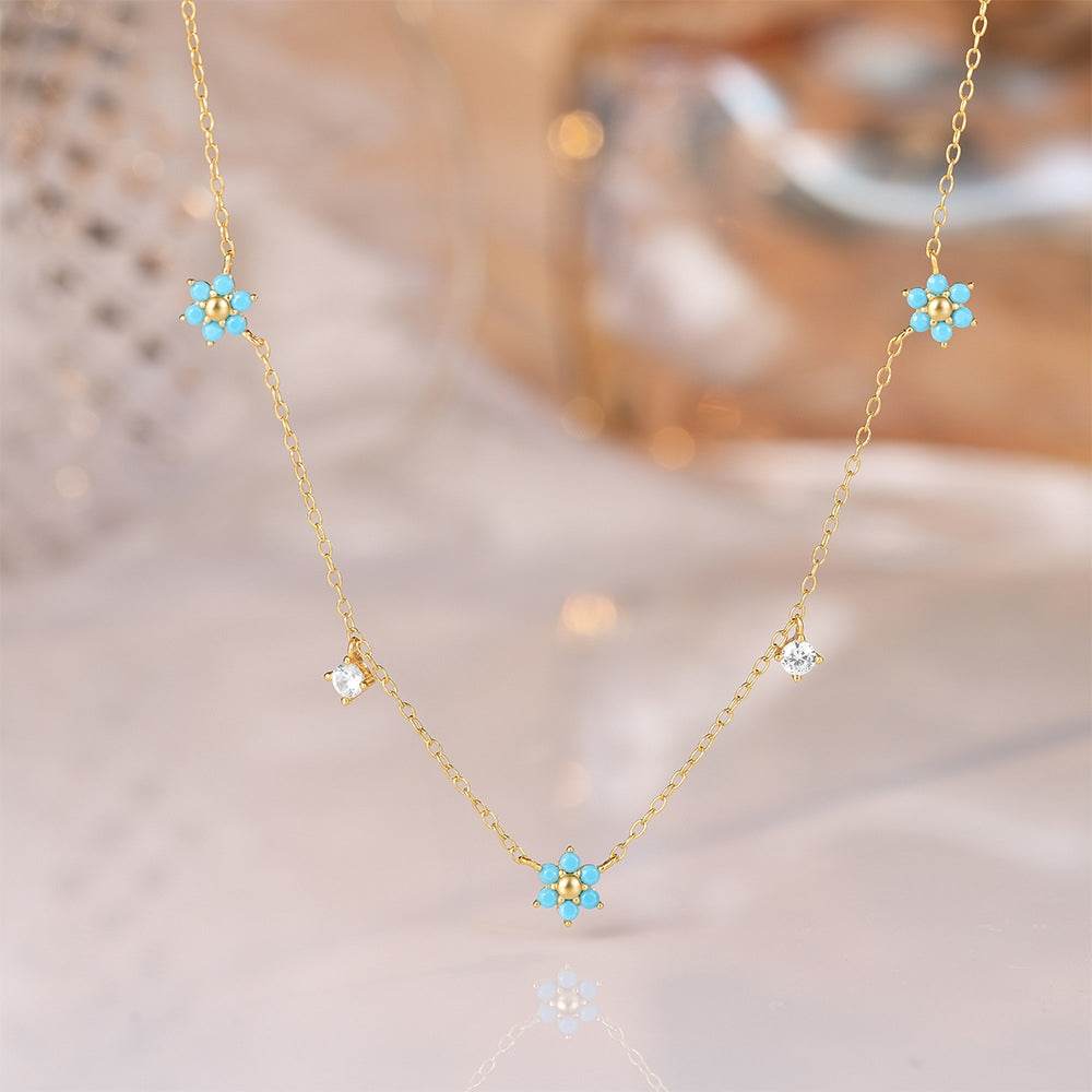 S925 sterling silver flower diamond layered necklace with turquoise collarbone chain for women - MOWTE