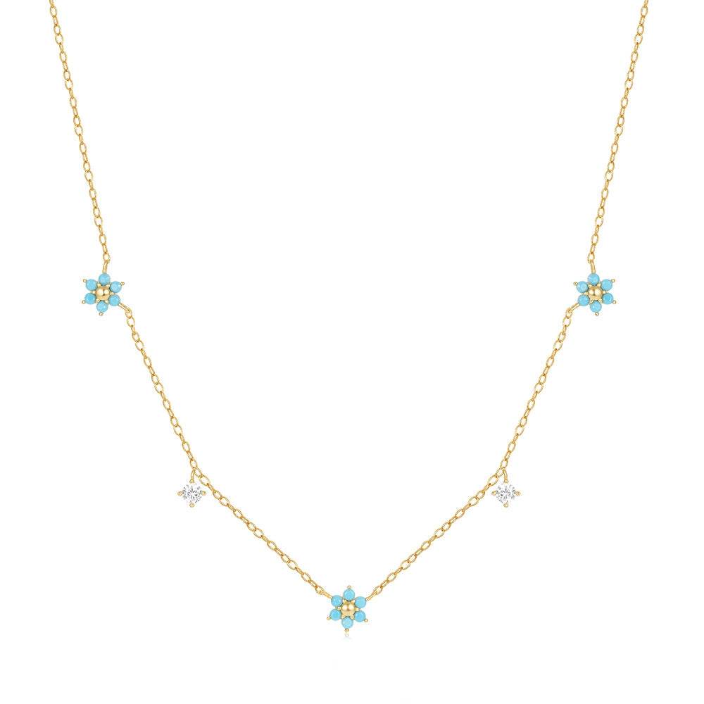 S925 sterling silver flower diamond layered necklace with turquoise collarbone chain for women - MOWTE