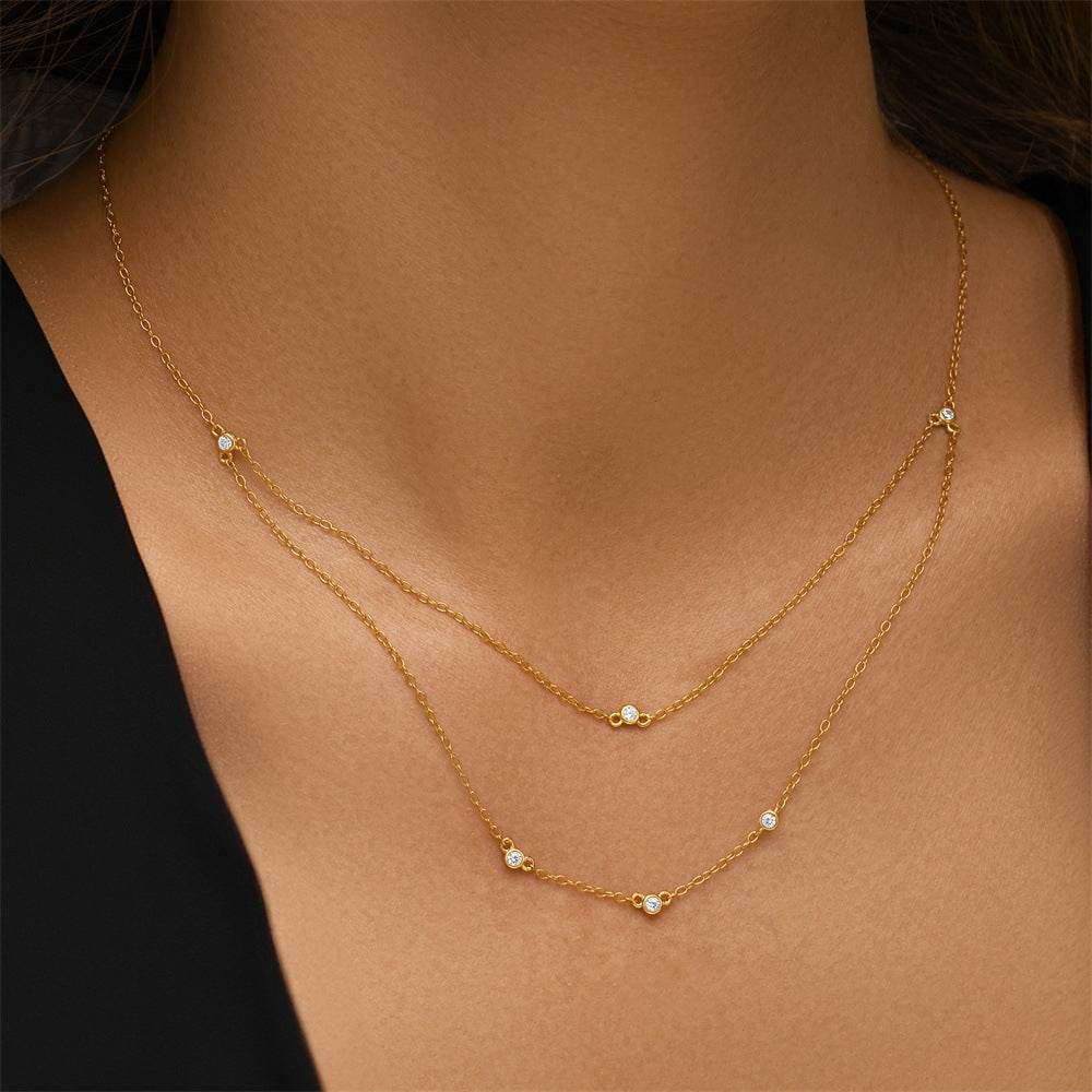 S925 sterling silver double-layer stacked zircon versatile trendy ins collarbone chain - MOWTE