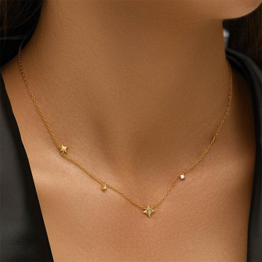 S925 sterling silver four pointed star diamond opal Australian treasure women's layered collarbone chain - MOWTE