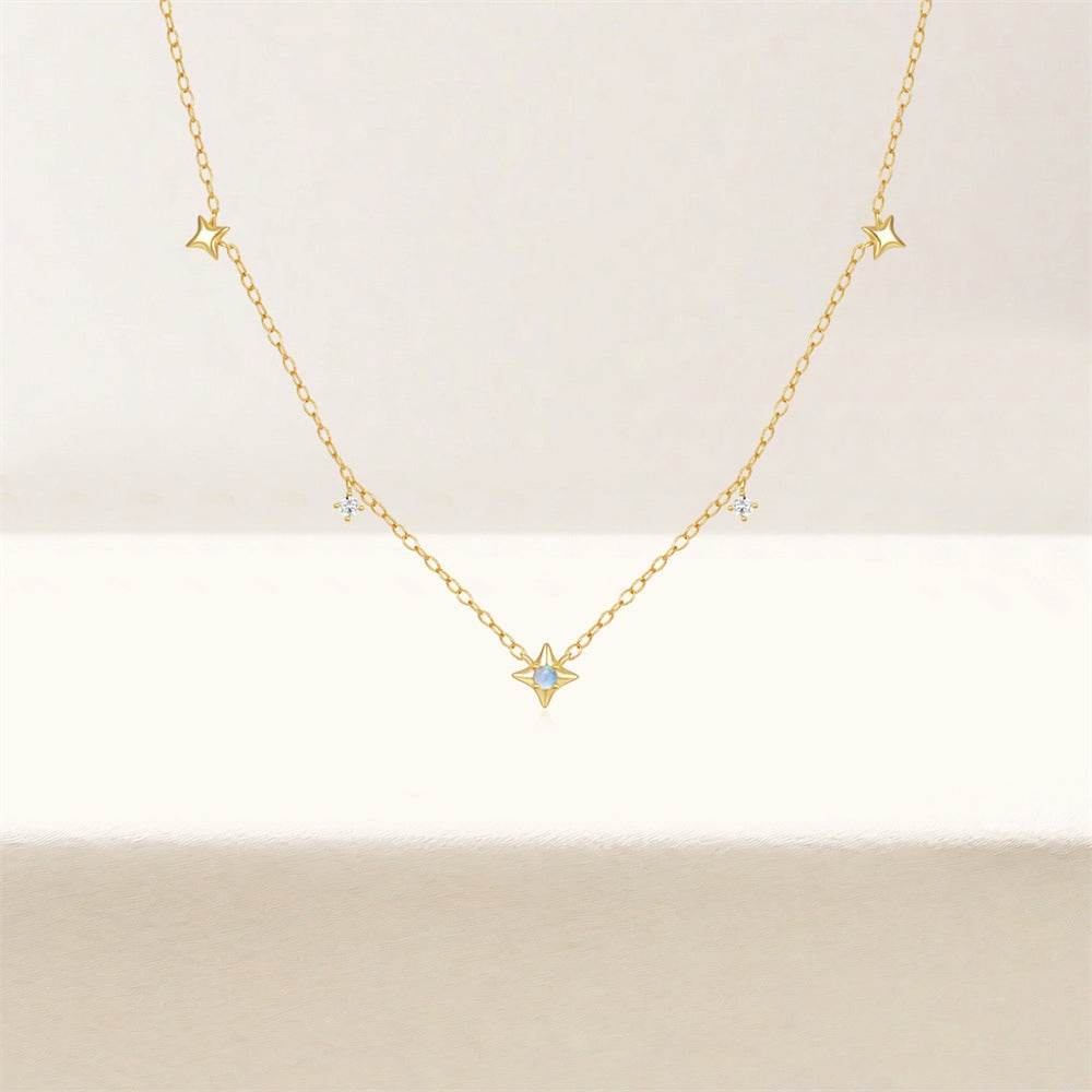 S925 sterling silver four pointed star diamond opal Australian treasure women's layered collarbone chain - MOWTE