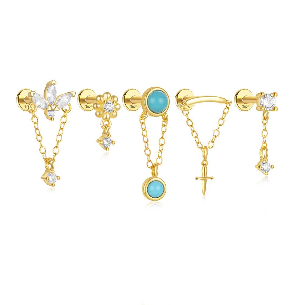 S925 pure silver personalized geometric diamond inlaid cartilage puncture internal thread daily matching ear bone nail - MOWTE