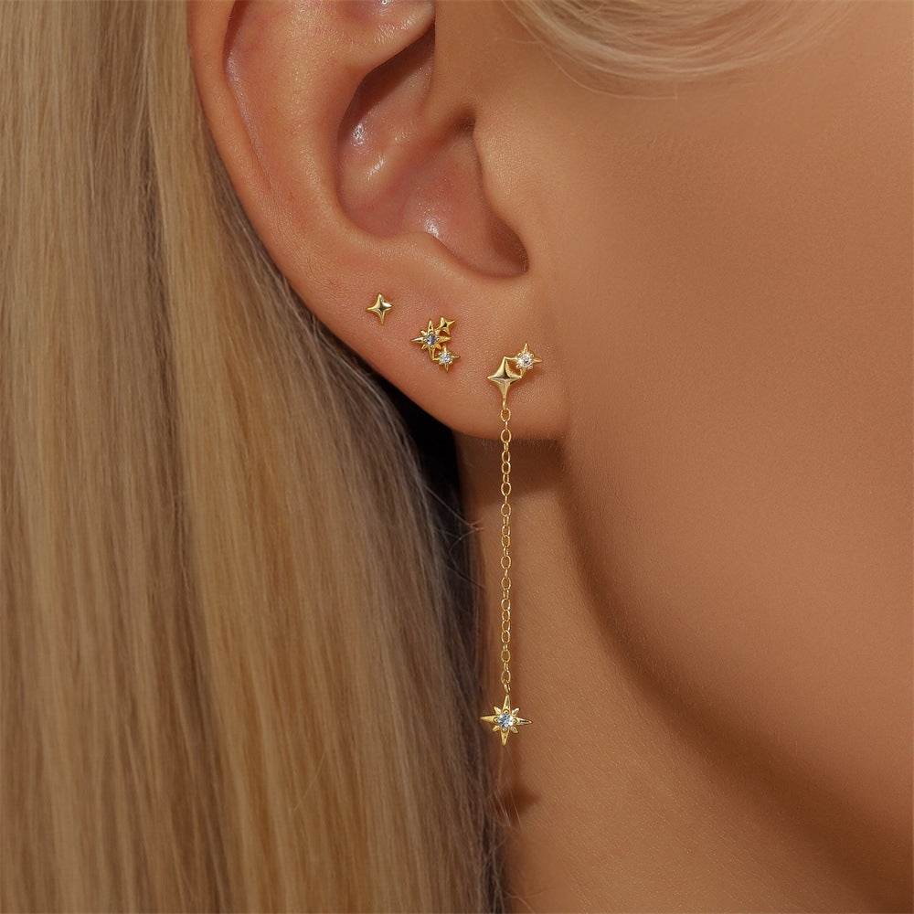 S925 sterling silver octagonal star three piece earring set with diamond chain tassel earrings - MOWTE