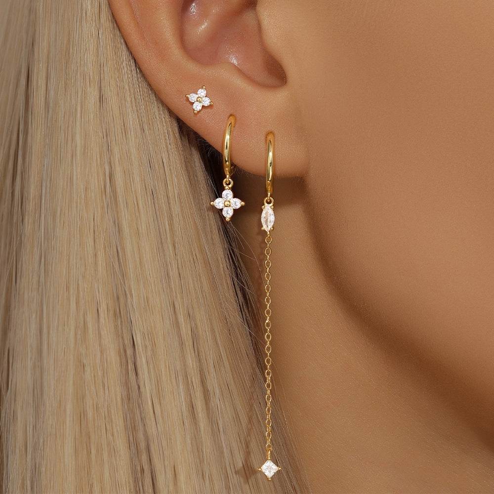 S925 sterling silver octagonal star three piece set diamond chain tassel earrings - MOWTE