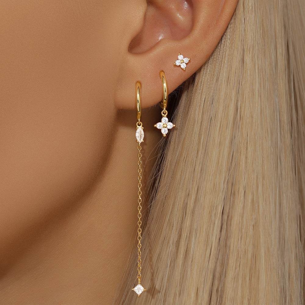 S925 sterling silver octagonal star three piece set diamond chain tassel earrings - MOWTE