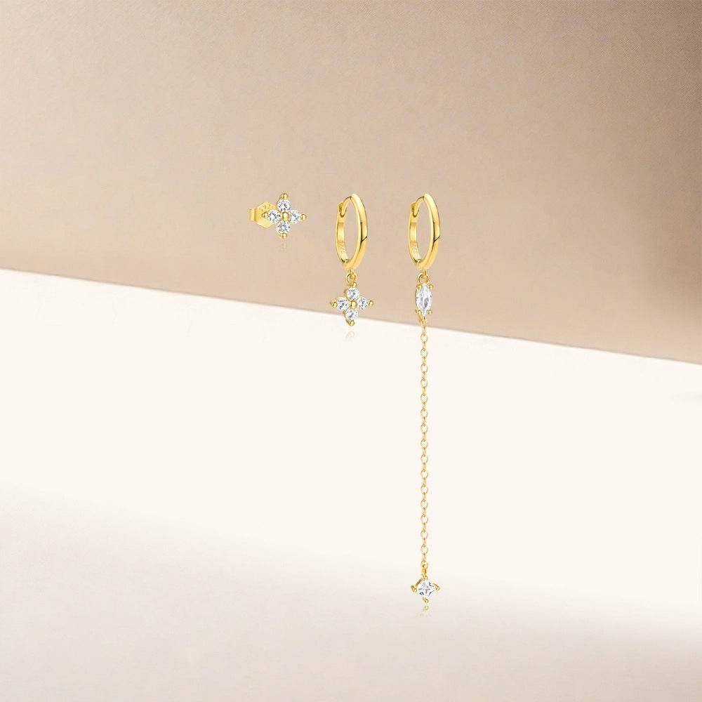 S925 sterling silver octagonal star three piece set diamond chain tassel earrings - MOWTE