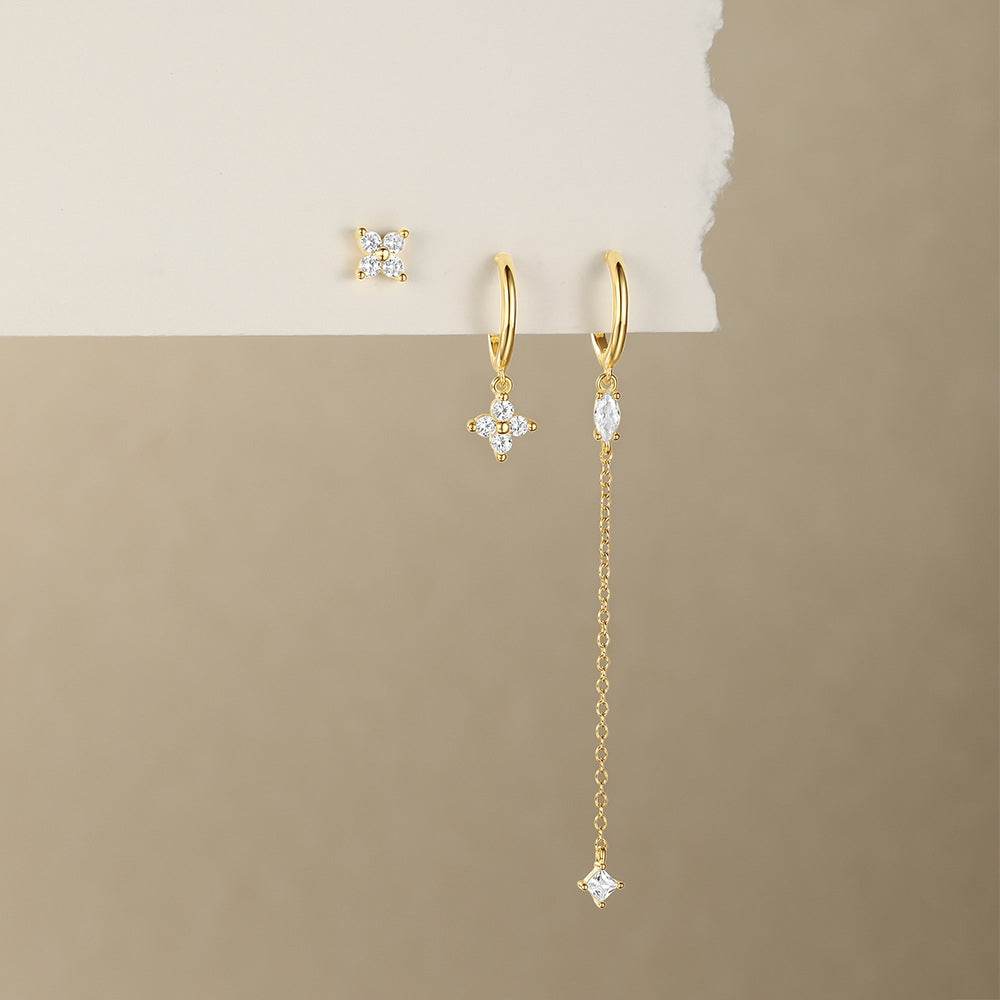 S925 sterling silver octagonal star three piece set diamond chain tassel earrings - MOWTE