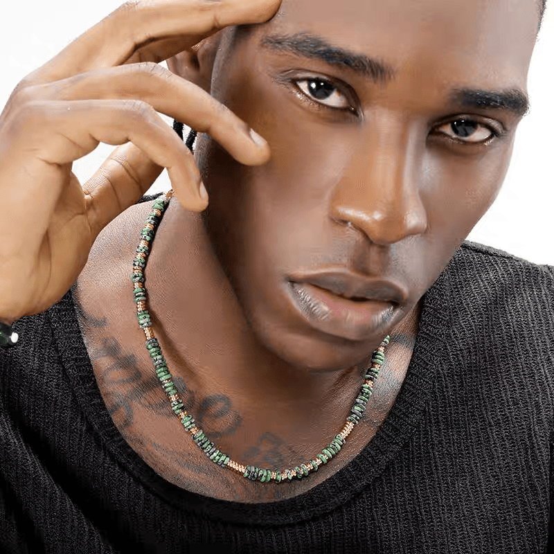 Spotted green stone bead necklace retro trendy gold round bead sweater chain versatile for men - MOWTE