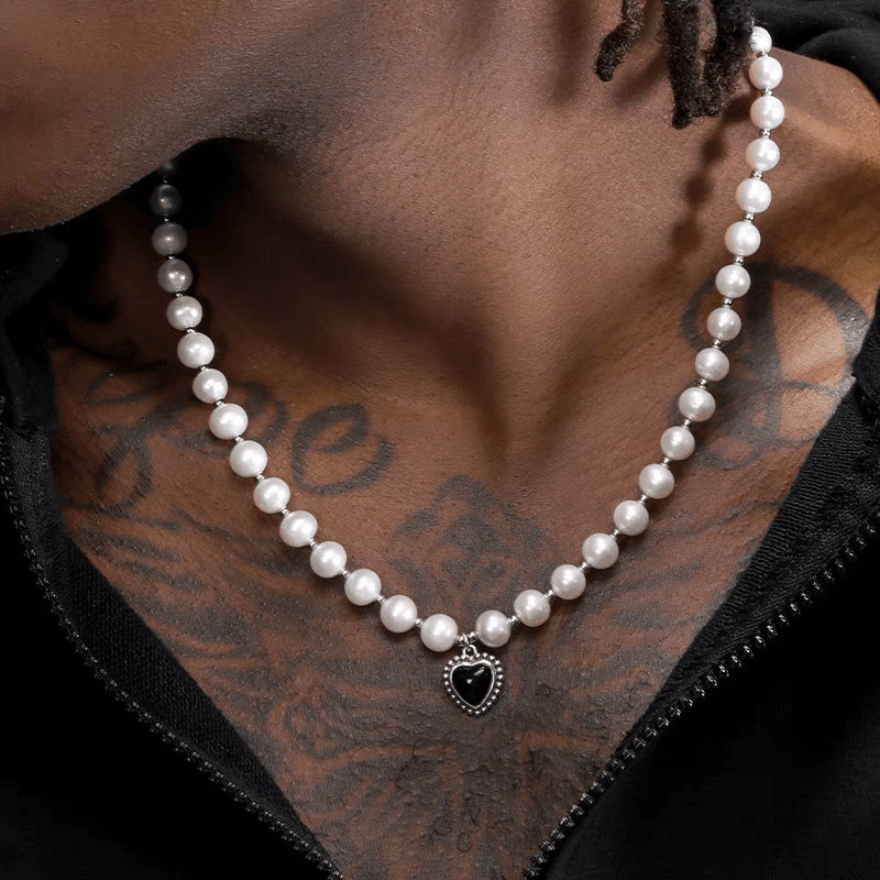 Pure silver heart-shaped pearl necklace men's accessories hip-hop style personalized couple trendy brand black collarbone chain ins - MOWTE