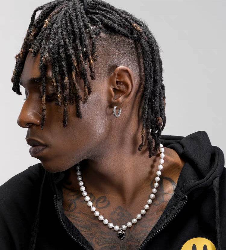 Pure silver heart-shaped pearl necklace men's accessories hip-hop style personalized couple trendy brand black collarbone chain ins - MOWTE