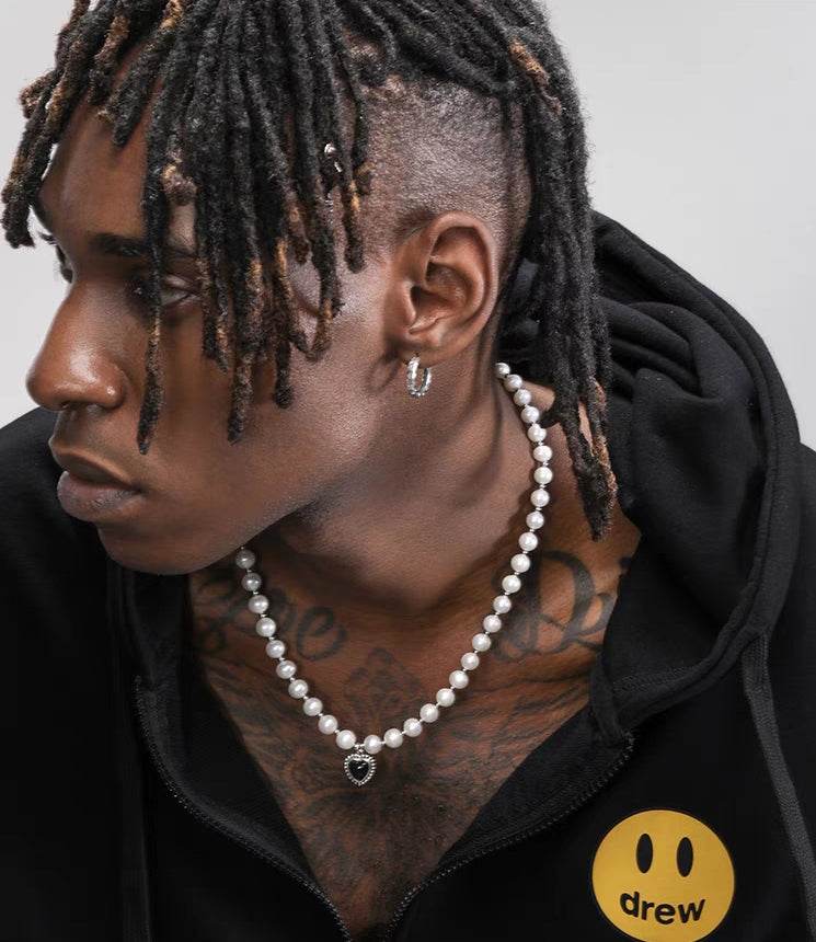 Pure silver heart-shaped pearl necklace men's accessories hip-hop style personalized couple trendy brand black collarbone chain ins - MOWTE