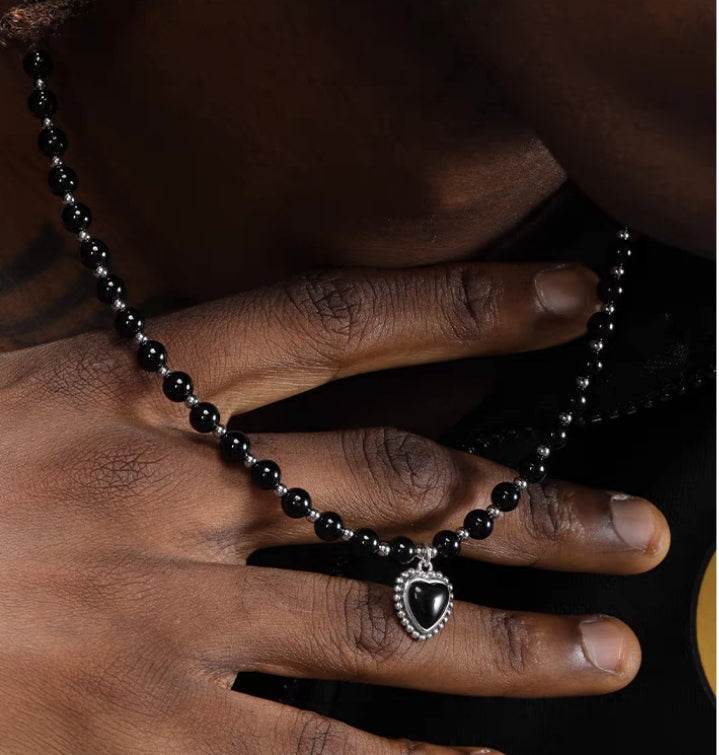 Pure silver heart-shaped pearl necklace men's accessories hip-hop style personalized couple trendy brand black collarbone chain ins - MOWTE