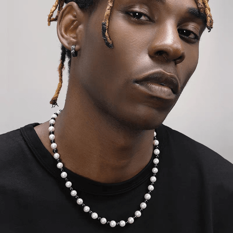 Authentic natural pearl necklace black and white separated beads vintage men's hip-hop collarbone chain - MOWTE