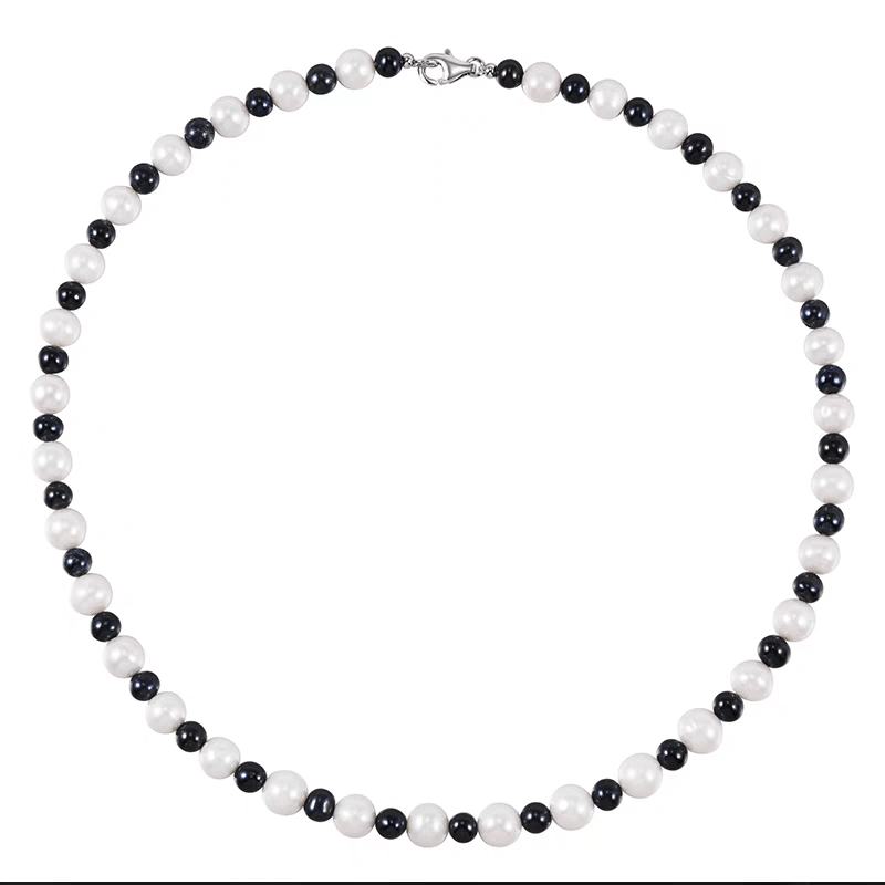 Authentic natural pearl necklace black and white separated beads vintage men's hip-hop collarbone chain - MOWTE