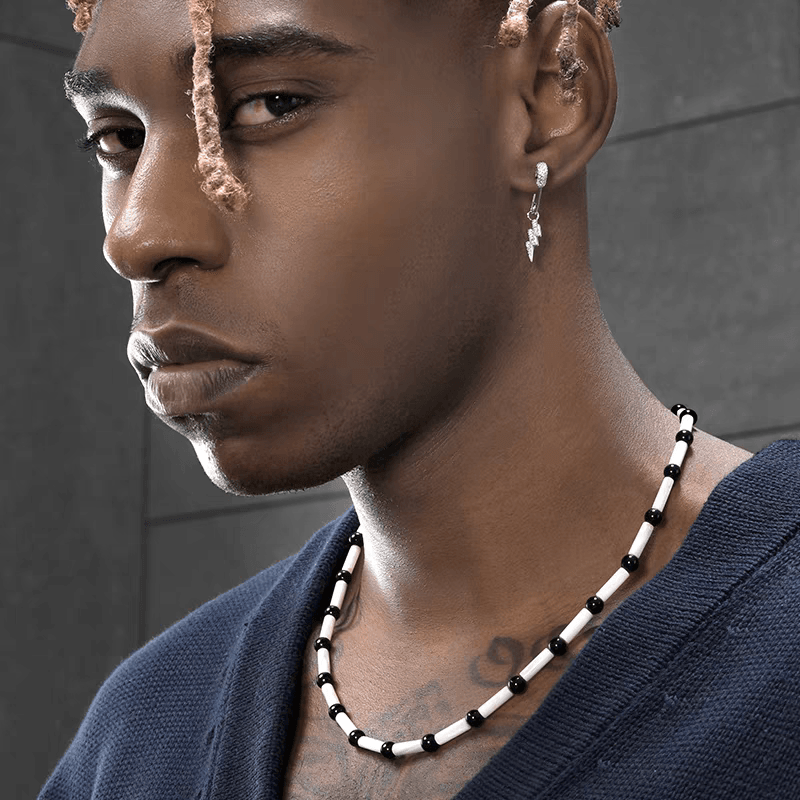 Black agate necklace men's and women's hip-hop trend white shell handmade bead collarbone chain neck chain - MOWTE