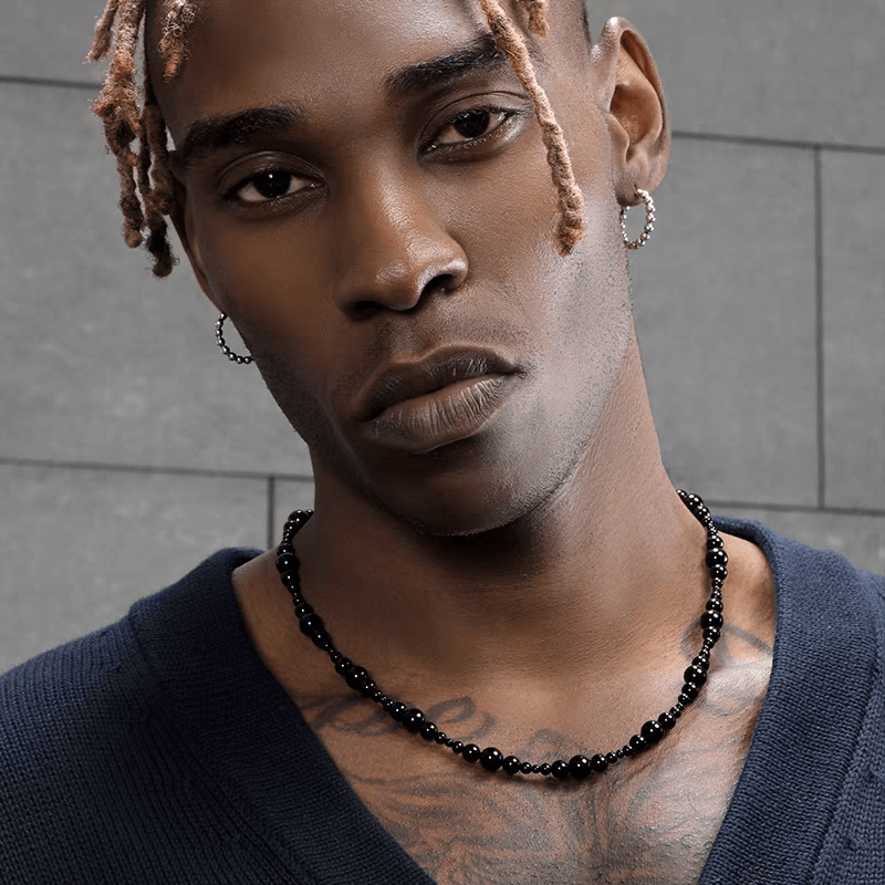 Black agate necklace male hip-hop personality niche design black stone bead collarbone chain - MOWTE