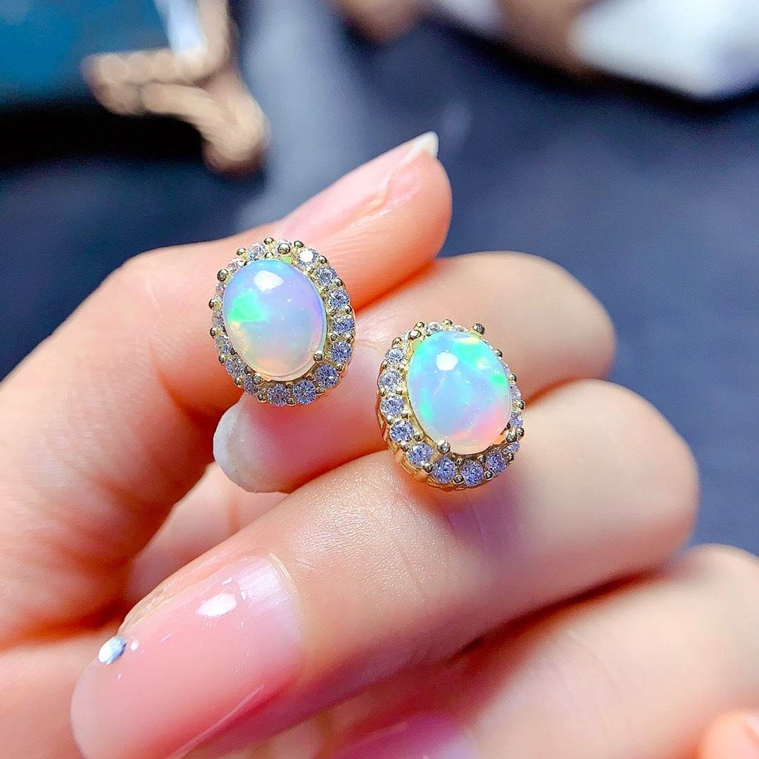 S925 pure silver natural opal studs - MOWTE