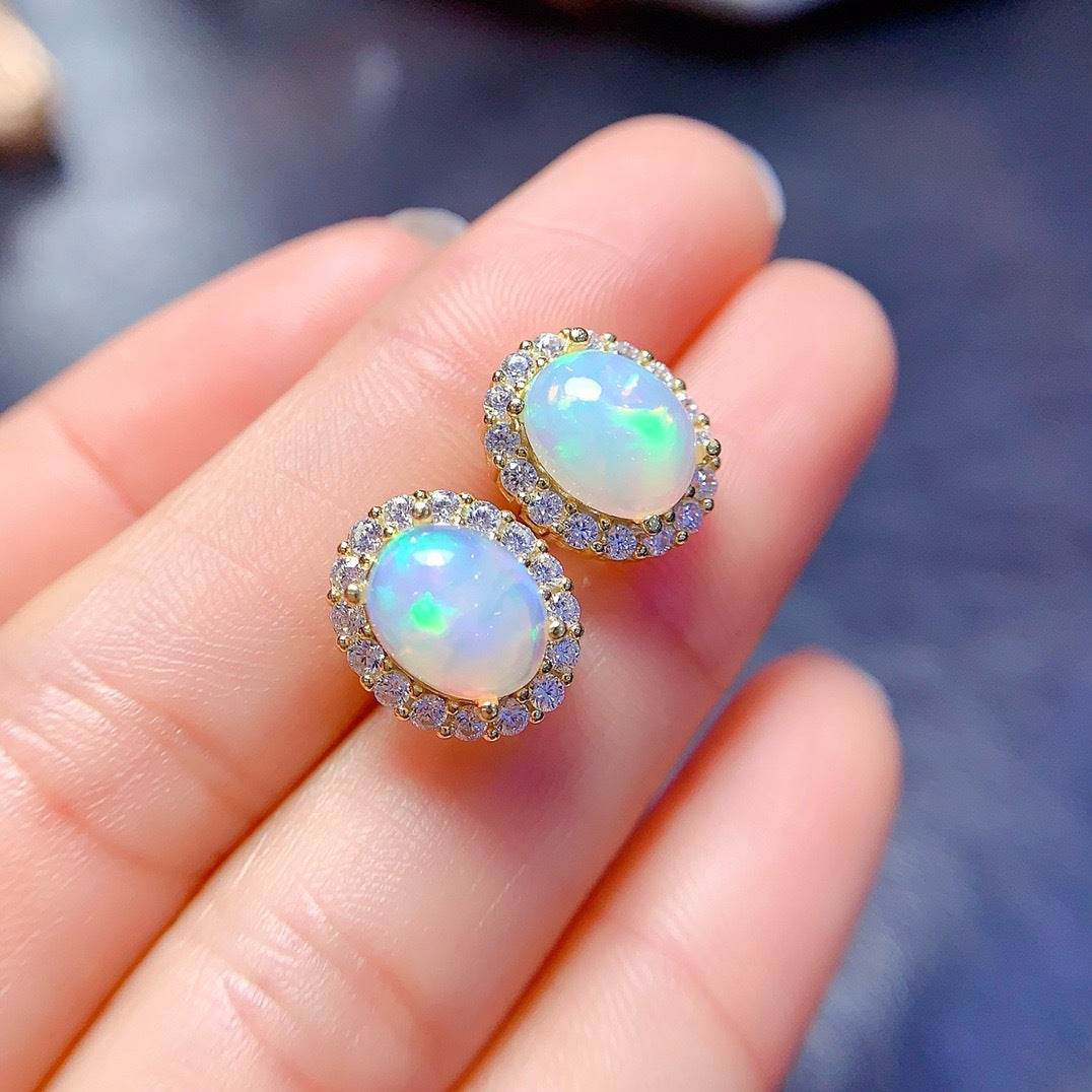S925 pure silver natural opal studs - MOWTE