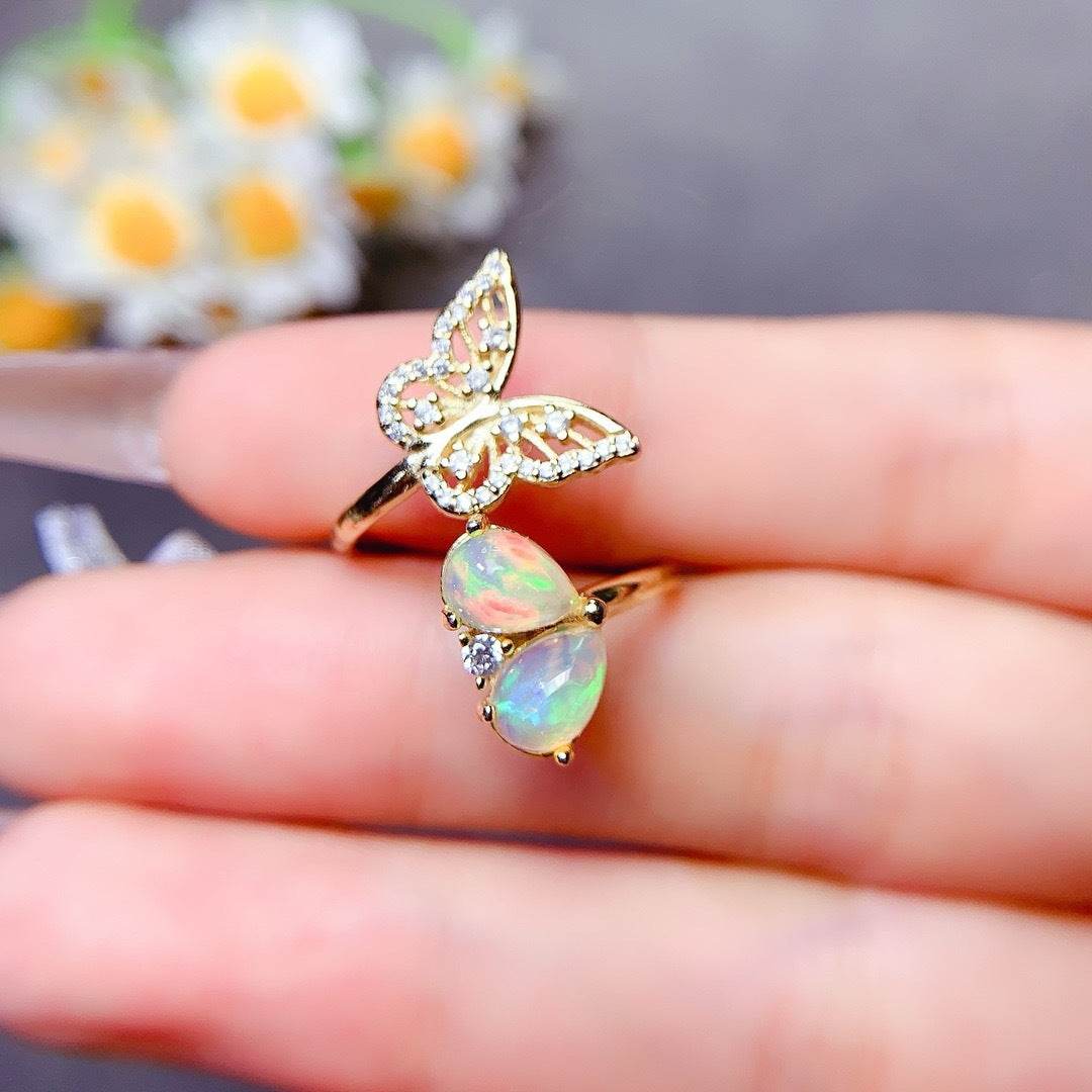S925 pure silver butterfly natural opal ring - MOWTE