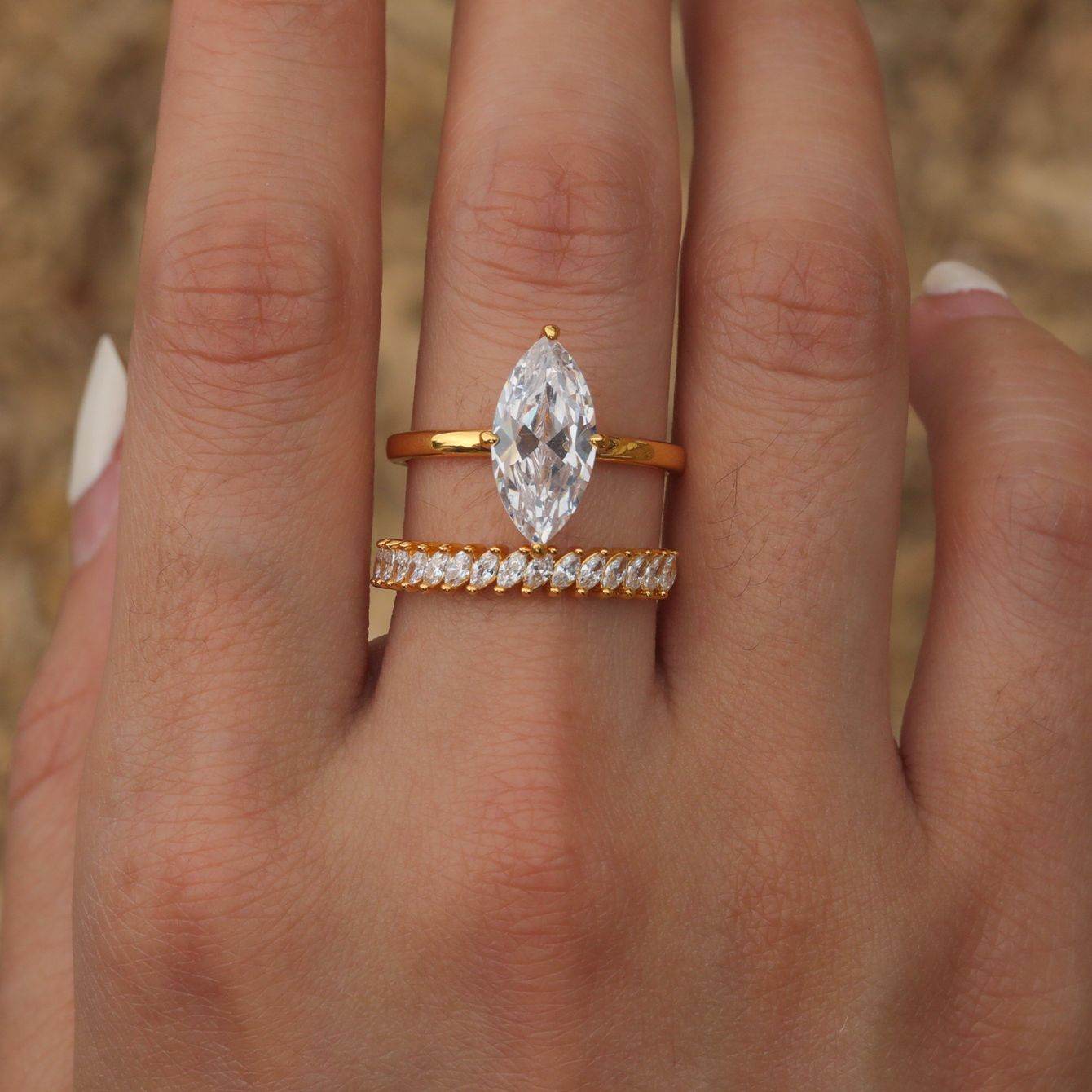 S925 Silver Two-Piece Set Moissanite Ring with 3ct Marquise-Cut Center Stone Exquisite for Stacking - MOWTE