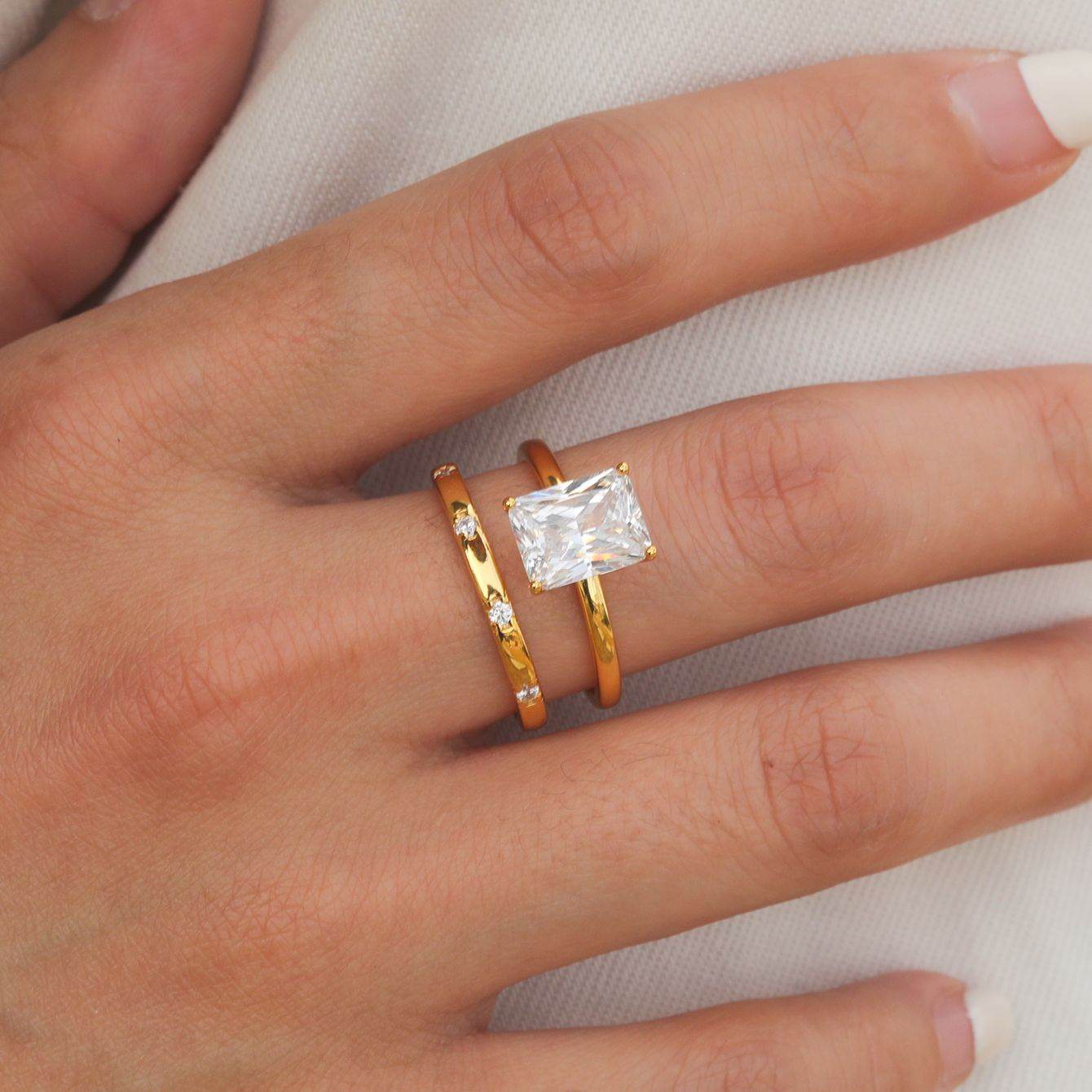 S925 Silver Two-Piece Set Moissanite Ring with 3ct Princess Center Stone Exquisite for Stacking - MOWTE