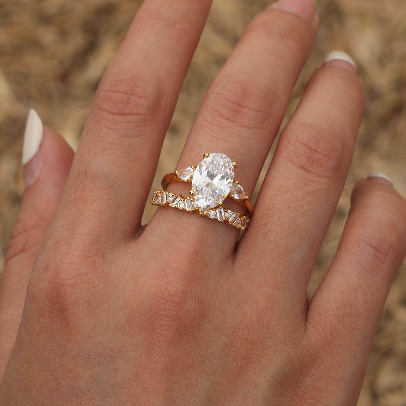 S925 Silver Two-Piece Set Moissanite Ring 4.5ct oval cut Center Stone Exquisite Stacking engagement - MOWTE