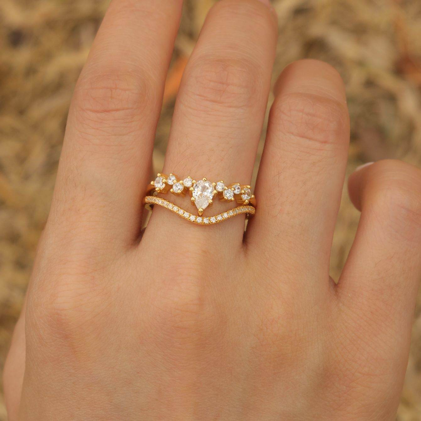 S925 Silver Two-Piece Set Moissanite Ring 0.5ct Center Stone Exquisite Stacking engagement - MOWTE