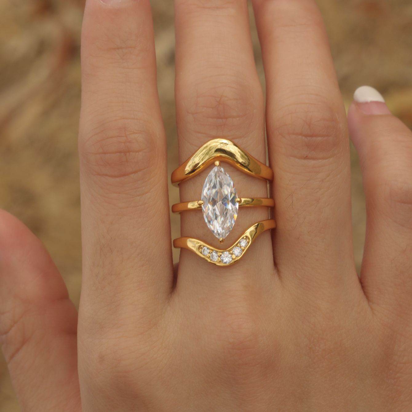 S925 Silver Three-Piece Set Moissanite Ring with 3ct Marquise-Cut Center Stone Exquisite for Stacking - MOWTE