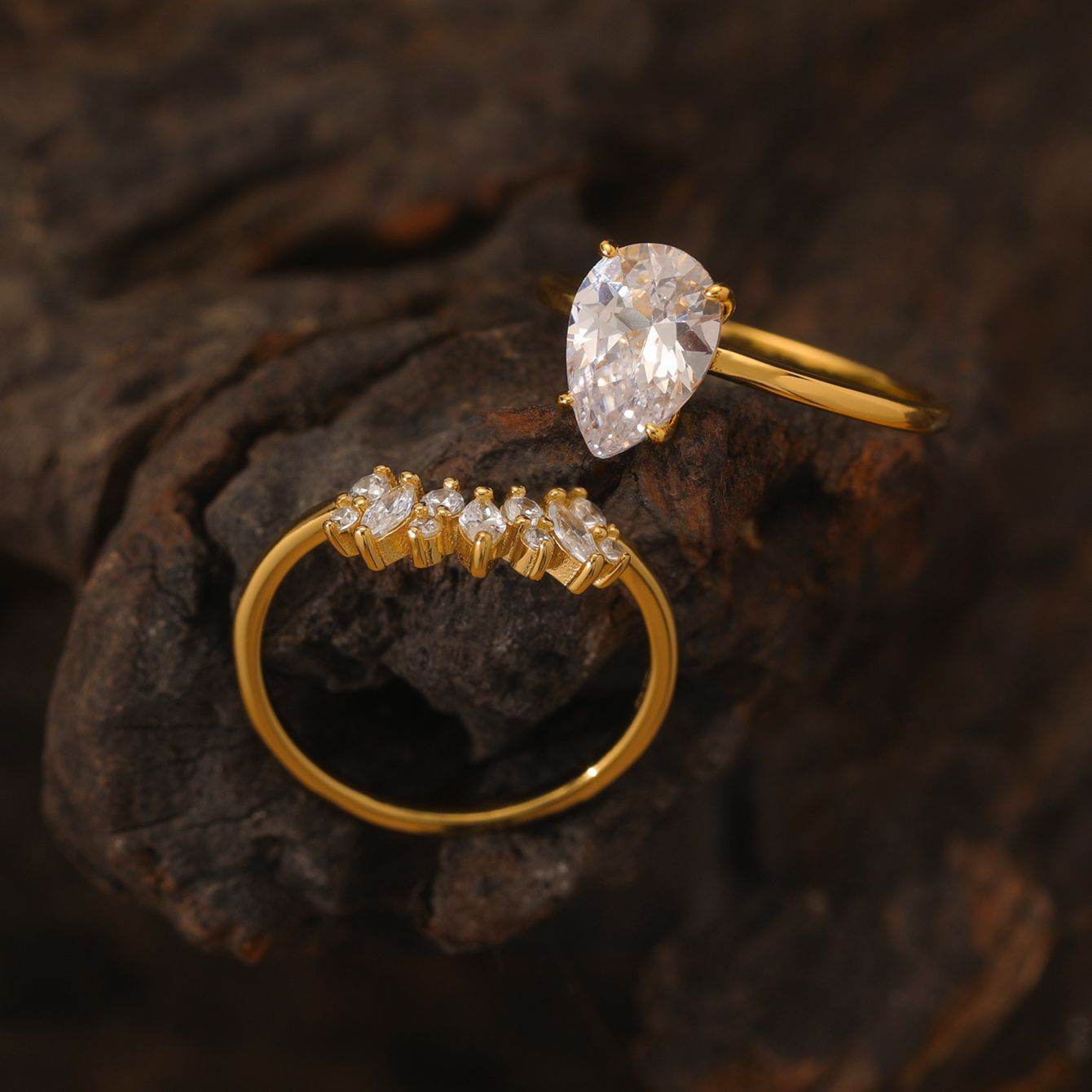 S925 Silver Two-Piece Set Moissanite Ring with 2ct Pear cut Center Stone Exquisite Stacking Wedding - MOWTE