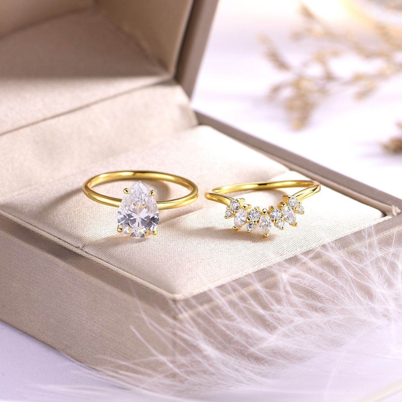 S925 Silver Two-Piece Set Moissanite Ring with 2ct Pear cut Center Stone Exquisite Stacking Wedding - MOWTE