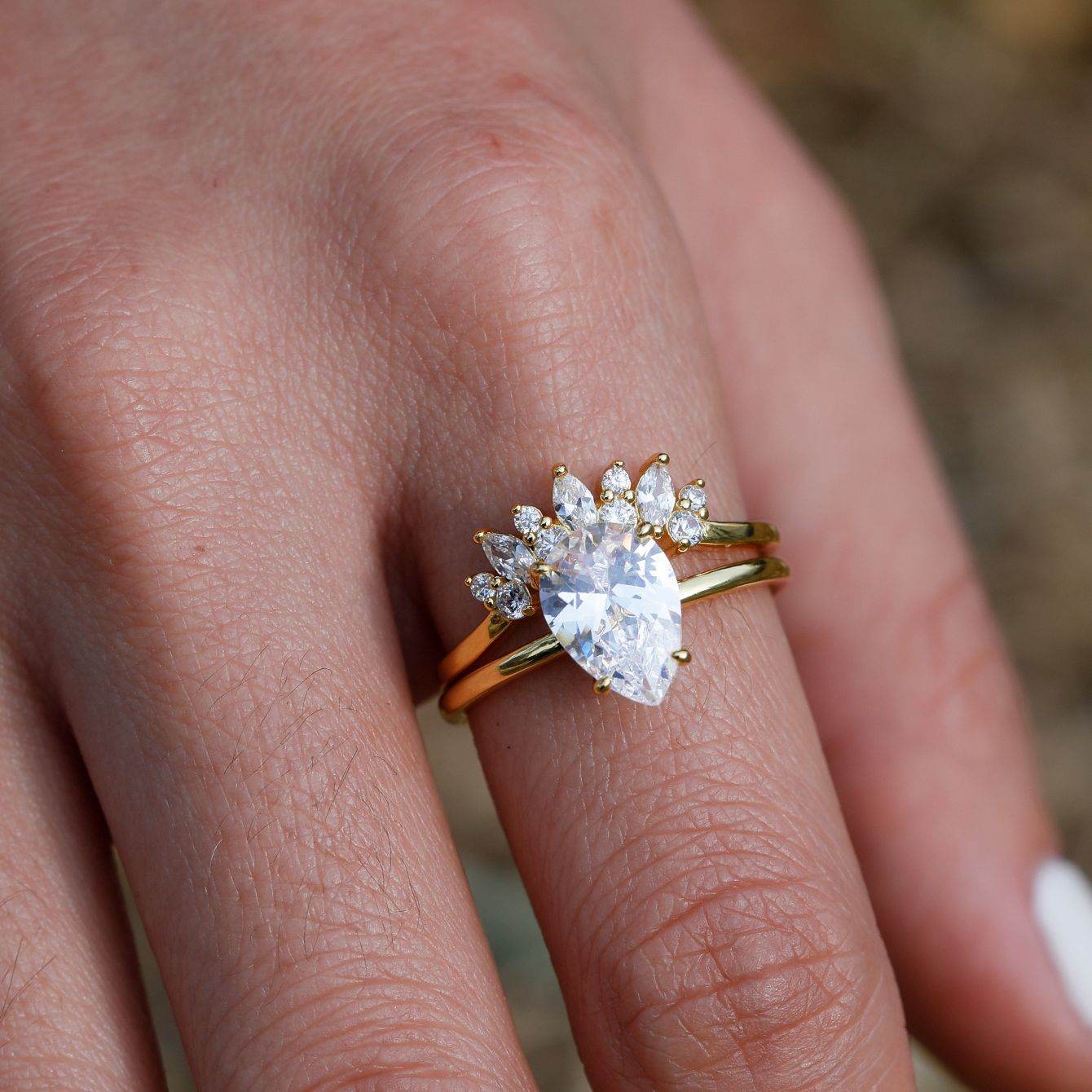 S925 Silver Two-Piece Set Moissanite Ring with 2ct Pear cut Center Stone Exquisite Stacking Wedding - MOWTE