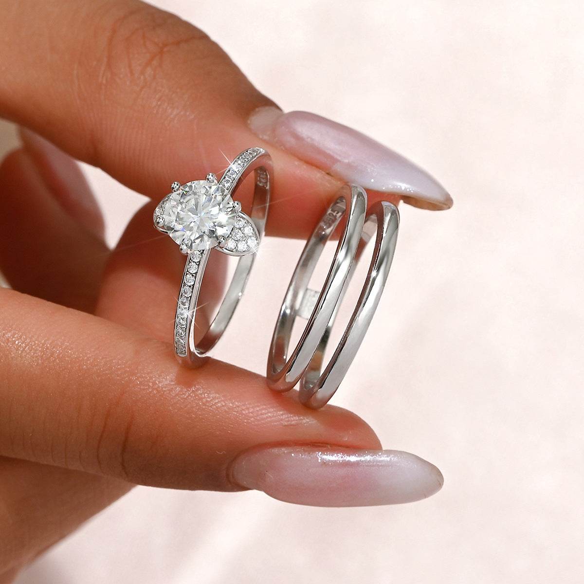 S925 Silver Two-Piece Set Moissanite Ring 1ct round-Cut Center Stone Exquisite for Stacking wedding rings - MOWTE