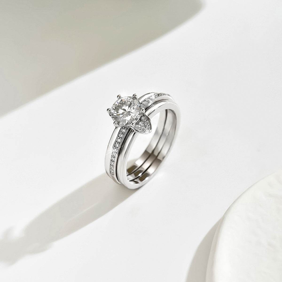 S925 Silver Two-Piece Set Moissanite Ring 1ct round-Cut Center Stone Exquisite for Stacking wedding rings - MOWTE