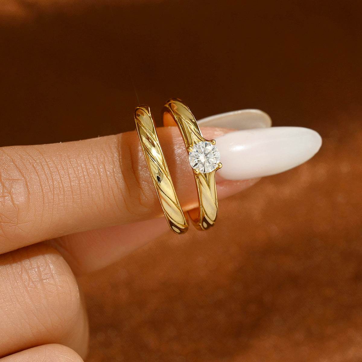 S925 Silver Two-Piece Set Moissanite Ring 0.5ct round-Cut Center Stone Exquisite for Stacking wedding rings - MOWTE