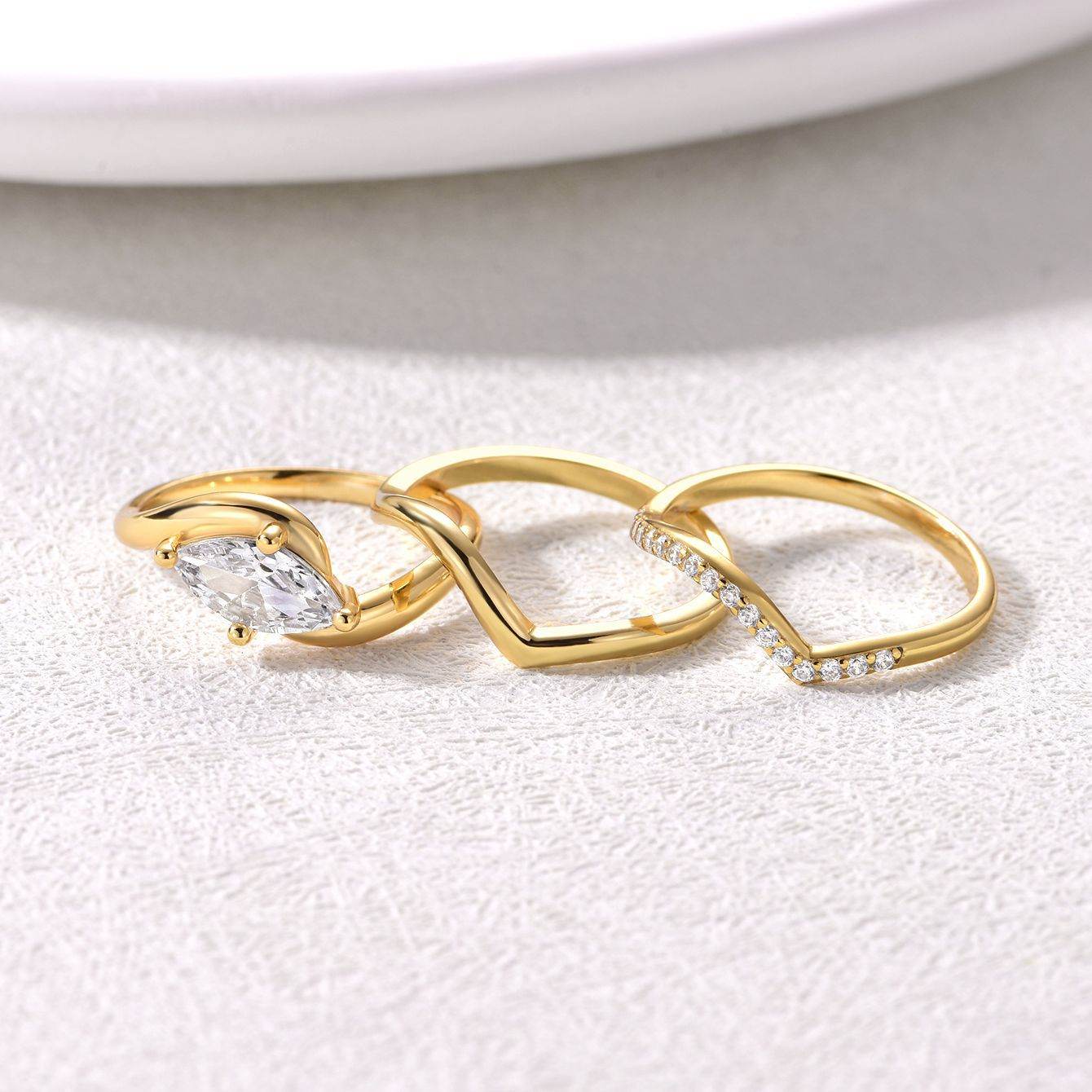 S925 Silver Three-Piece Set Moissanite Ring with 1ct Marquise Cut Center Stone Exquisite Stacking Wedding - MOWTE